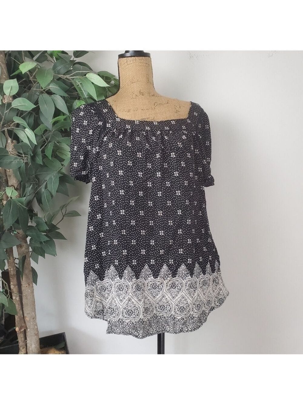 Caffe Marrakesh Blouse Floral Hearts Square Neck Black White Large